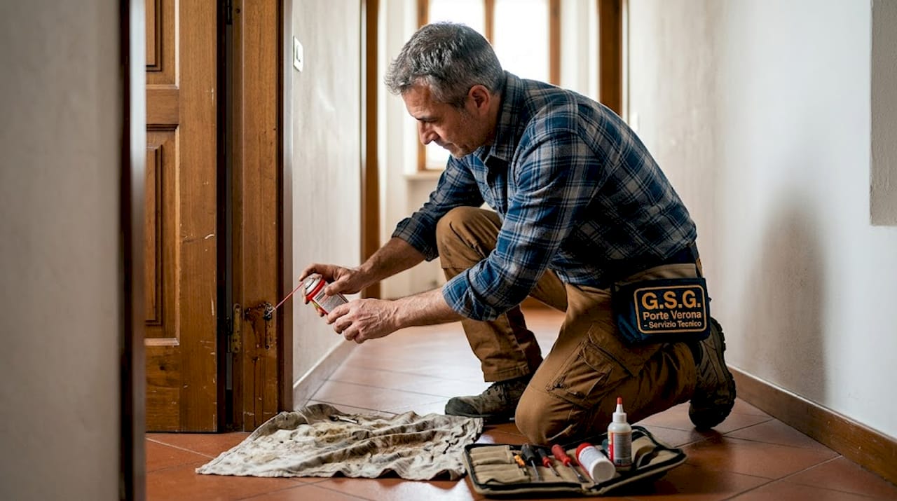 Un uomo si occupa di lubrificare la cerniera della porta di casa.