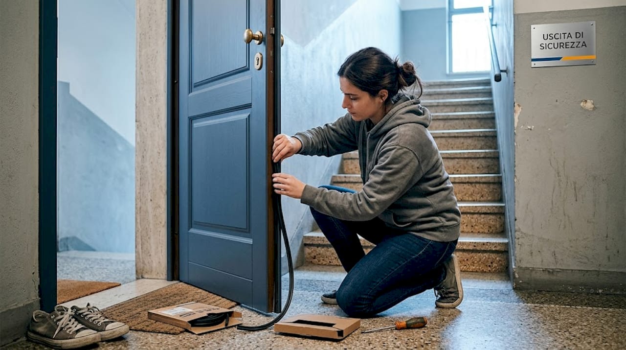 Una donna sta installando la guarnizione sulla porta del vano scale.