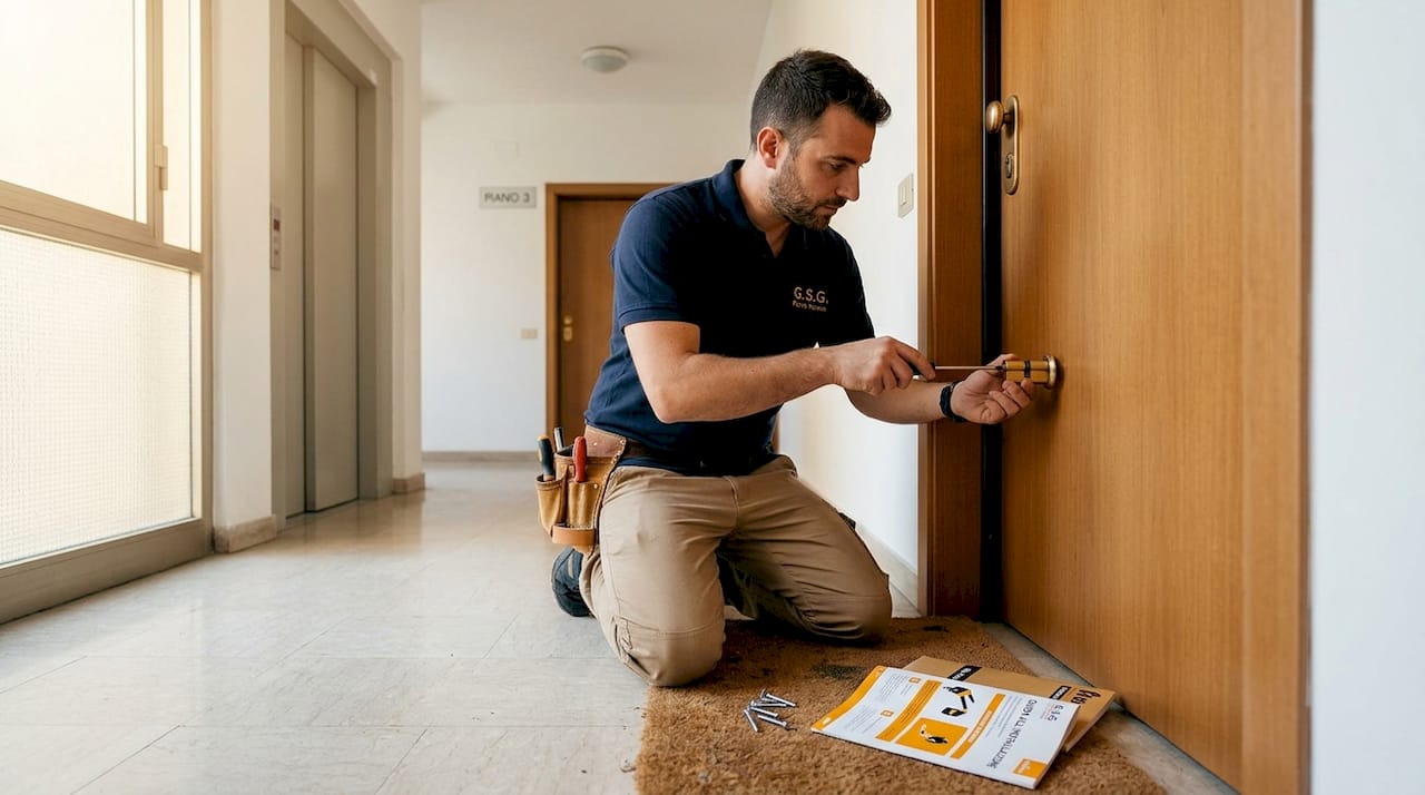 Un esperto fabbro sta montando una serratura di sicurezza sulla porta di un appartamento, garantendo maggiore protezione agli inquilini.