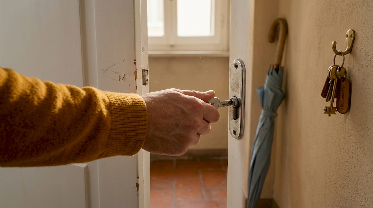 Mano che inserisce la chiave nella serratura tradizionale della porta di casa