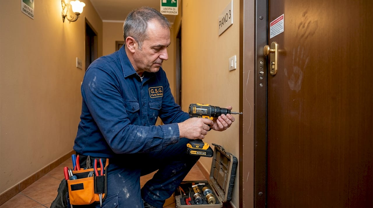 Dettaglio dell’installatore mentre fissa una serratura di sicurezza su una porta blindata