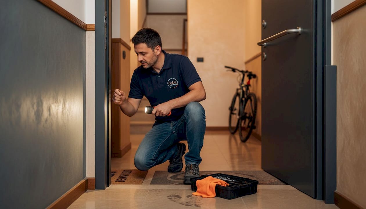 Un tecnico sta effettuando la verifica dei cardini della porta blindata d’ingresso.