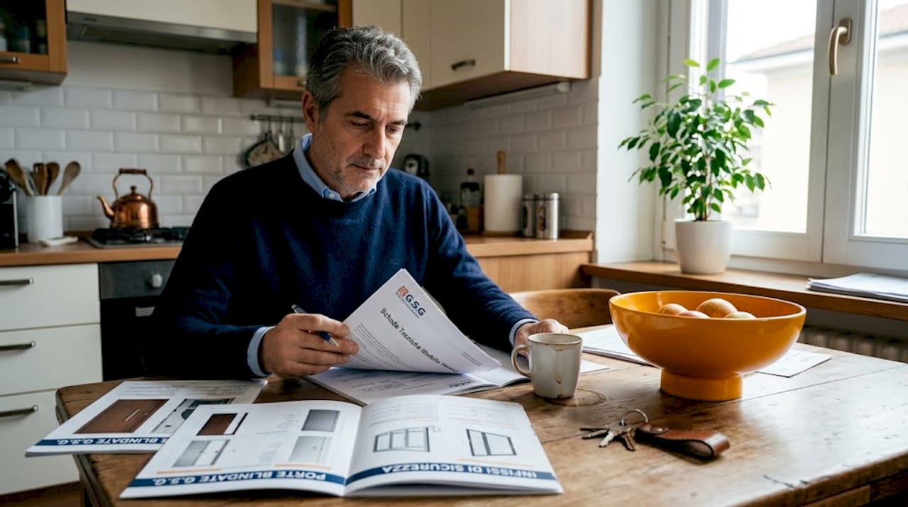 Un uomo controlla dei documenti sulle porte blindate mentre si trova in cucina.