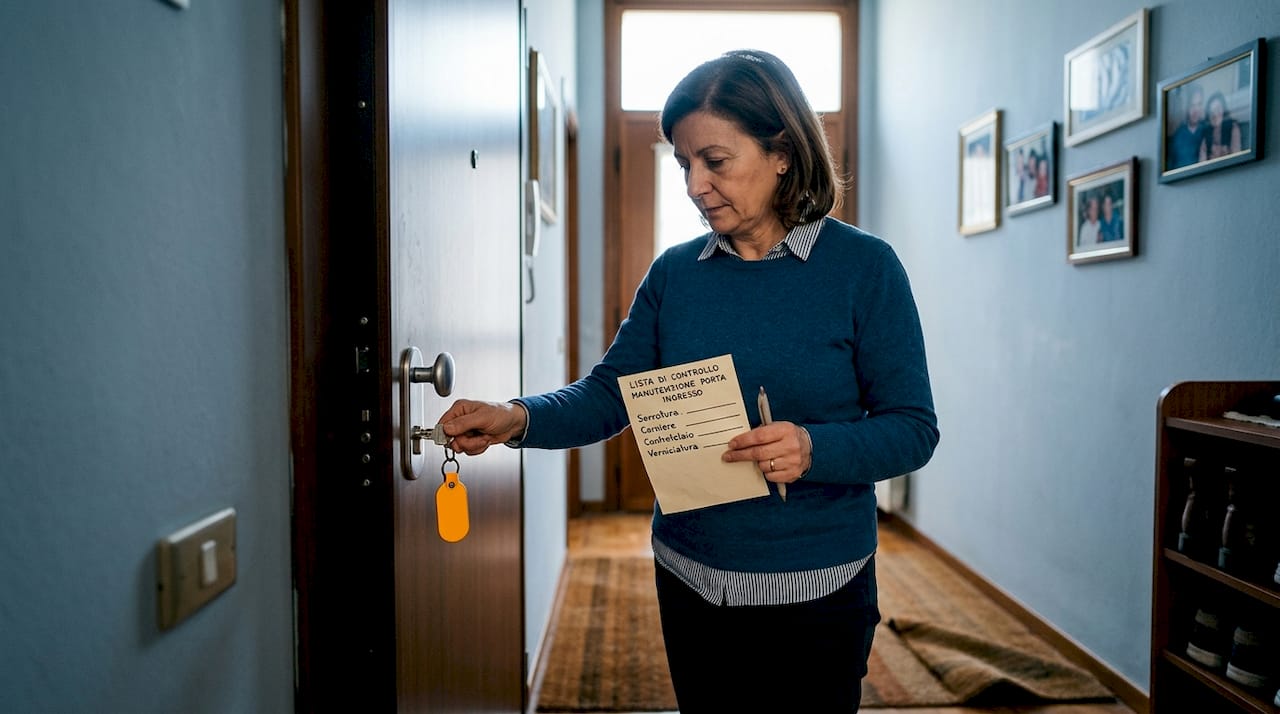 Una donna verifica che la porta di casa sia ben chiusa.
