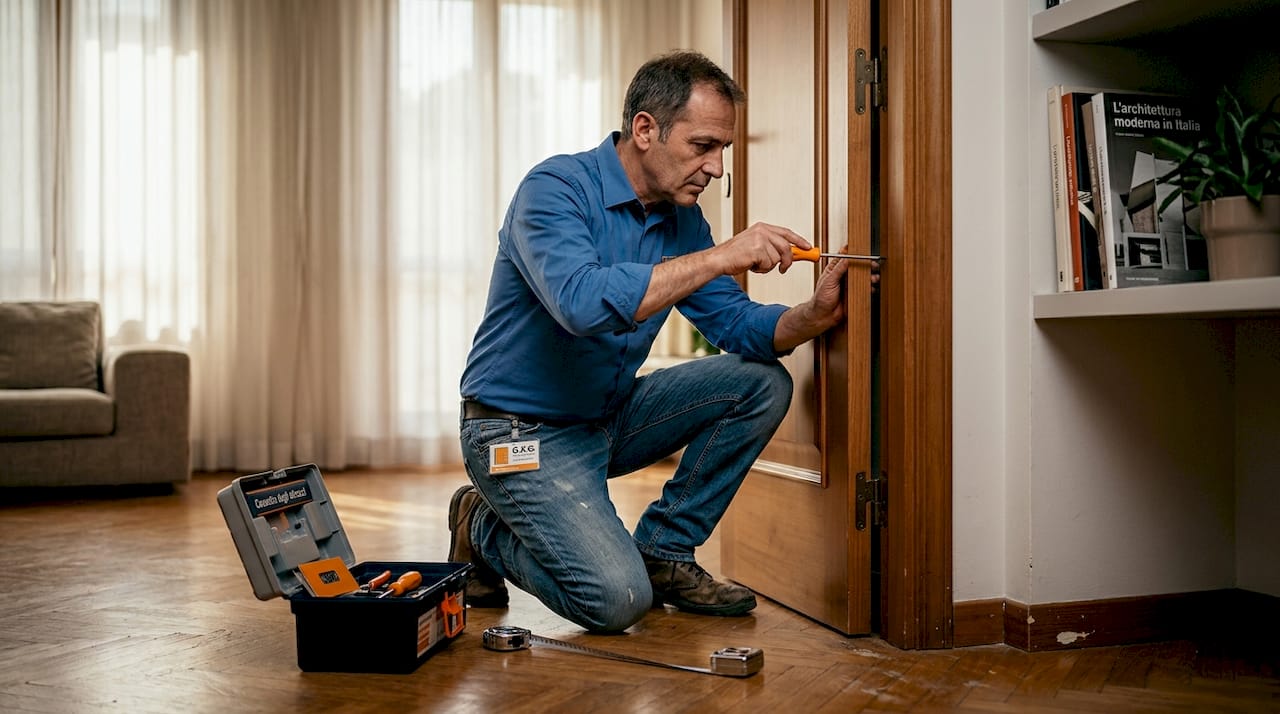 Un artigiano sta montando una nuova porta nel soggiorno di casa.