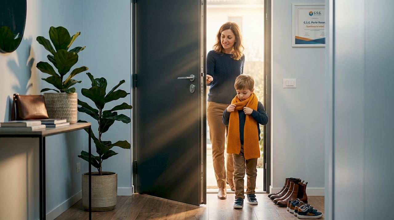Una famiglia apre la porta isolante della propria abitazione