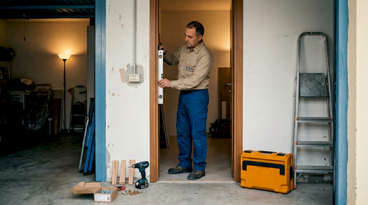 Un uomo sta sistemando la porta d’ingresso mentre la sostituisce