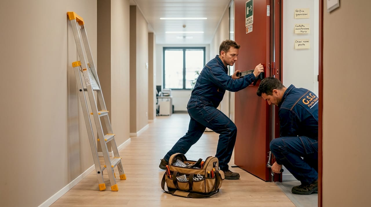 Tecnici specializzati stanno installando una porta tagliafuoco per l’ufficio aziendale.