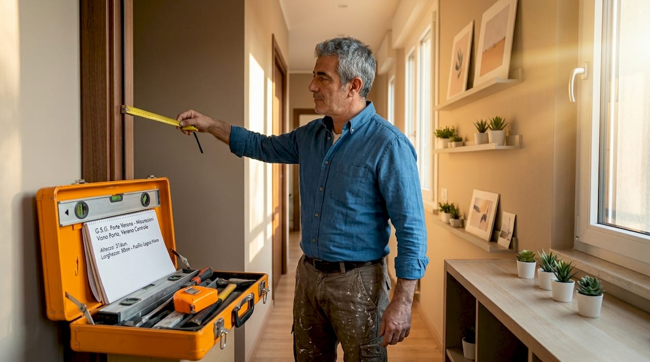 Il falegname prende le misure del vano porta nell’appartamento.