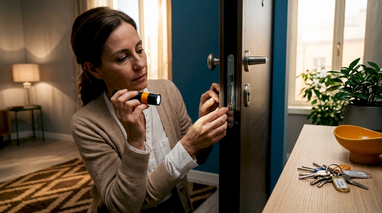 Una donna controlla che la porta di casa sia ben chiusa.