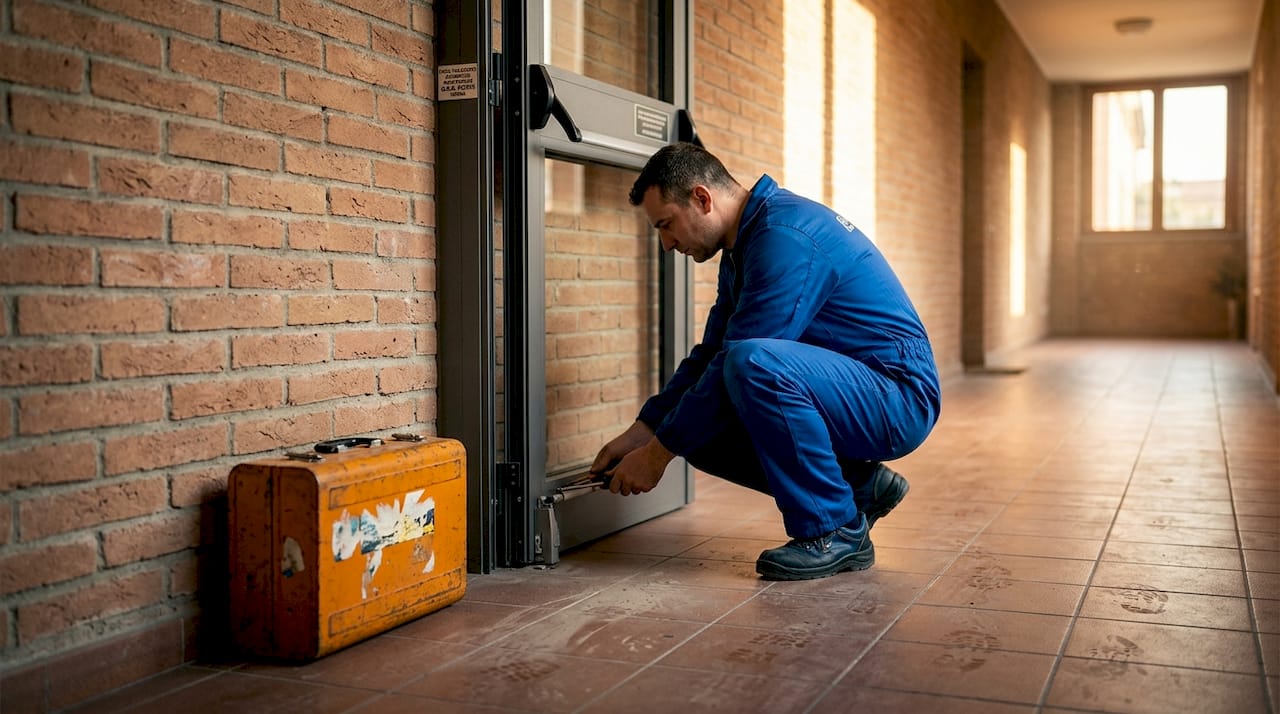 Un tecnico sta effettuando una verifica sulla porta d’ingresso condominiale a causa di un malfunzionamento.