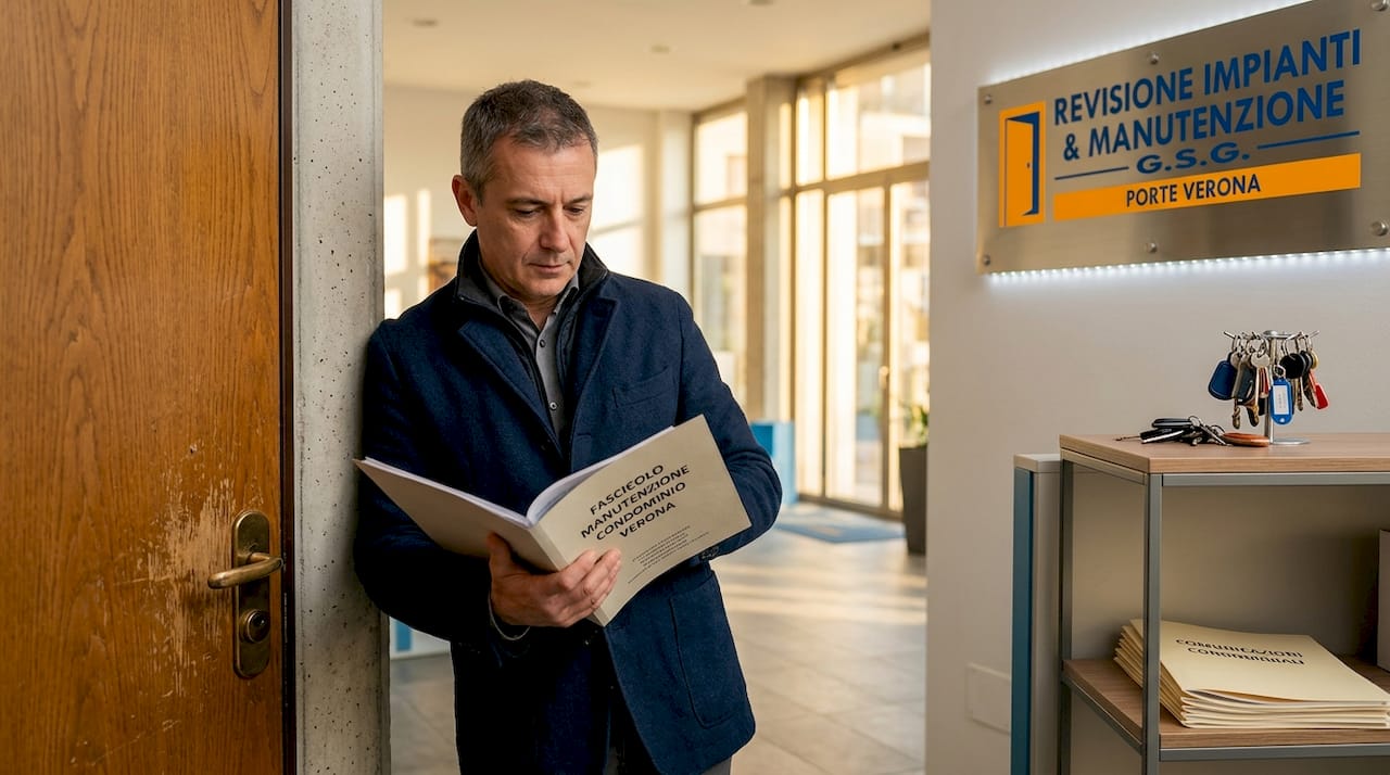 L’amministratore sta esaminando i documenti condominiali proprio accanto all’ingresso del palazzo.