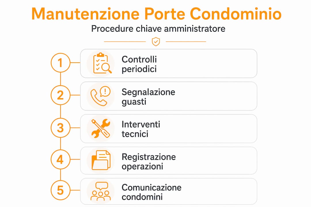 Infografica verticale sul processo di gestione della manutenzione delle porte nei condomini