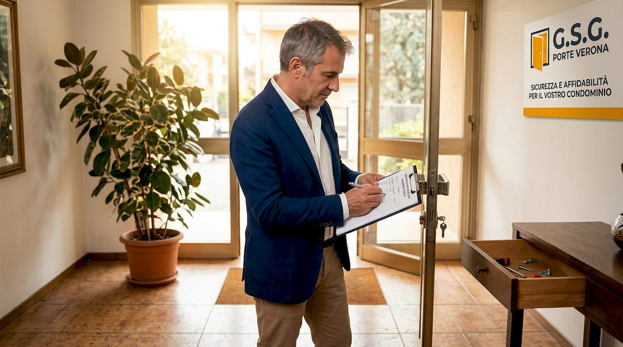 Il responsabile della gestione immobiliare sta controllando la serratura dell'ingresso del condominio.