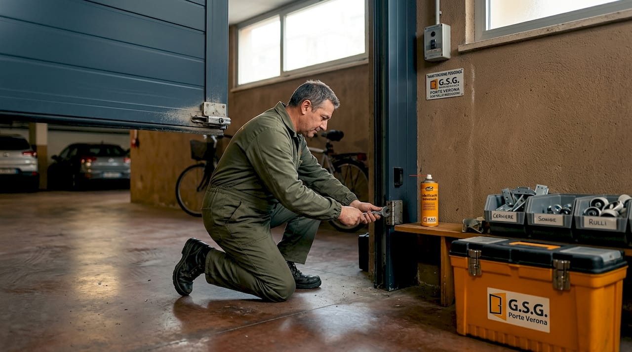 Un tecnico sta sistemando il meccanismo della porta del garage.