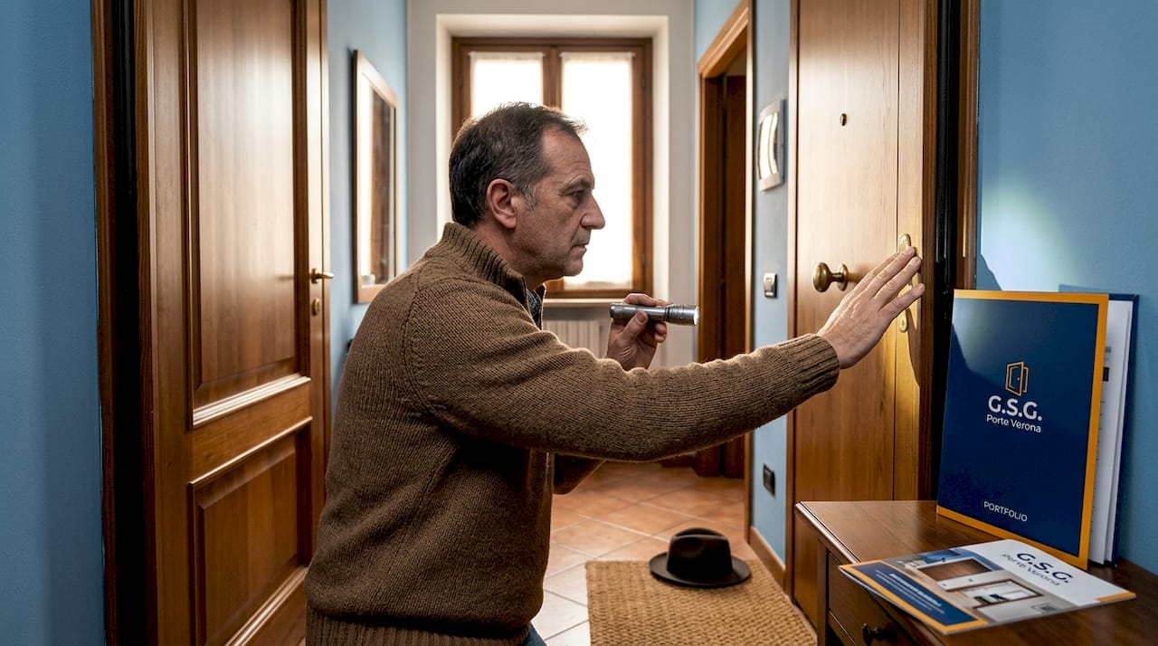 Un uomo verifica se dalla porta di casa sta entrando freddo o si sta disperdendo il calore.