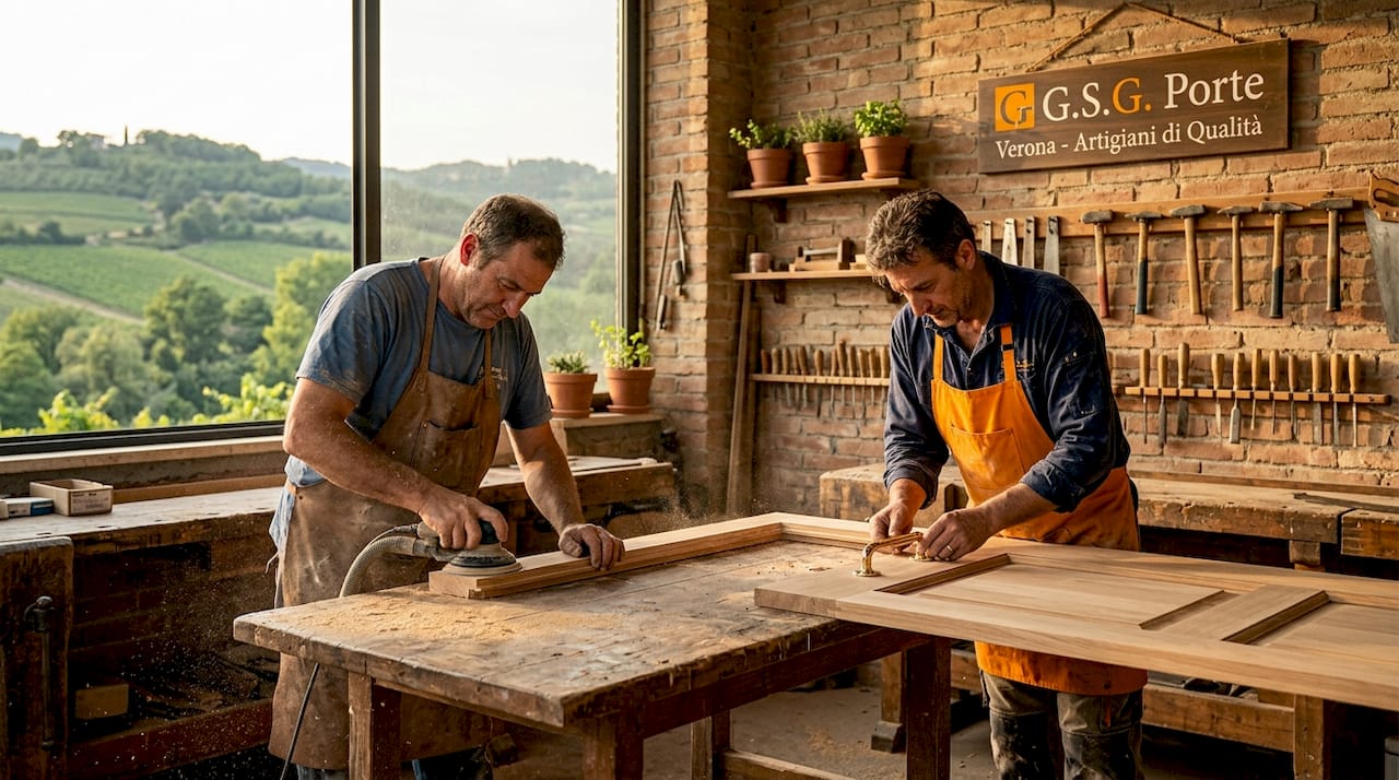 In fabbrica, gli operai sono impegnati nella produzione di porte made in Italy.