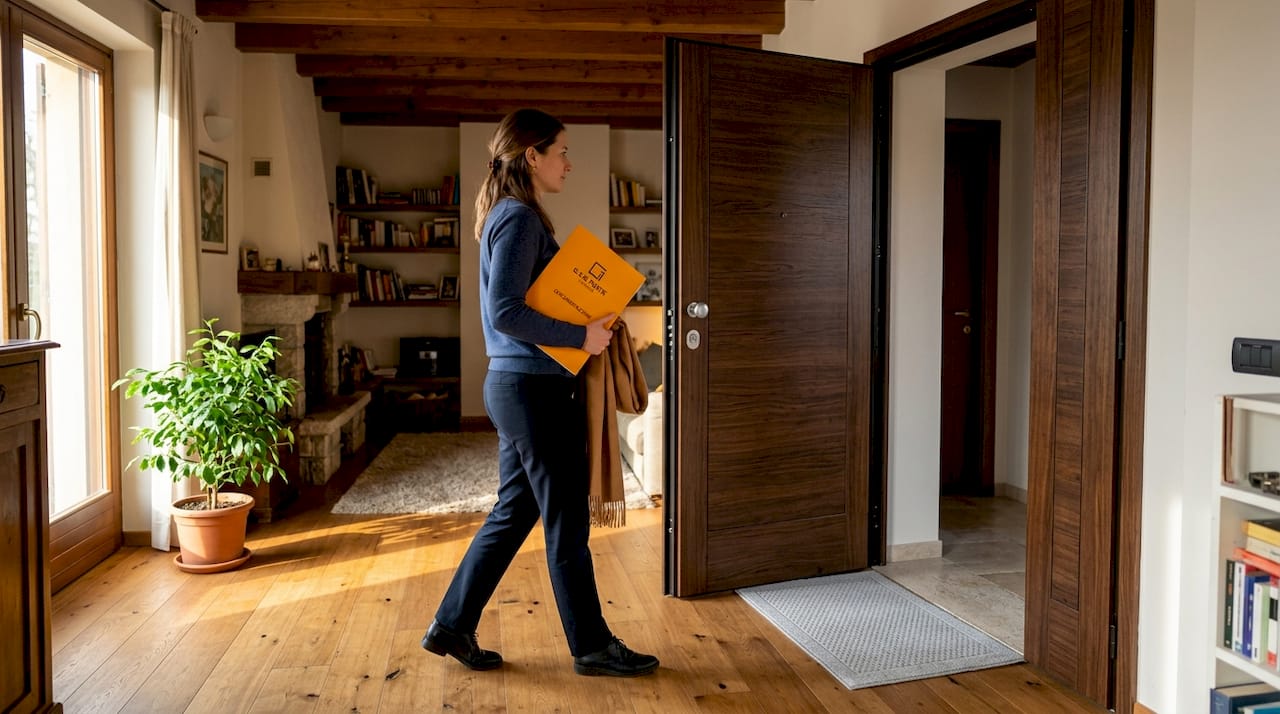 Una donna spalanca una porta che di solito resta chiusa in casa.