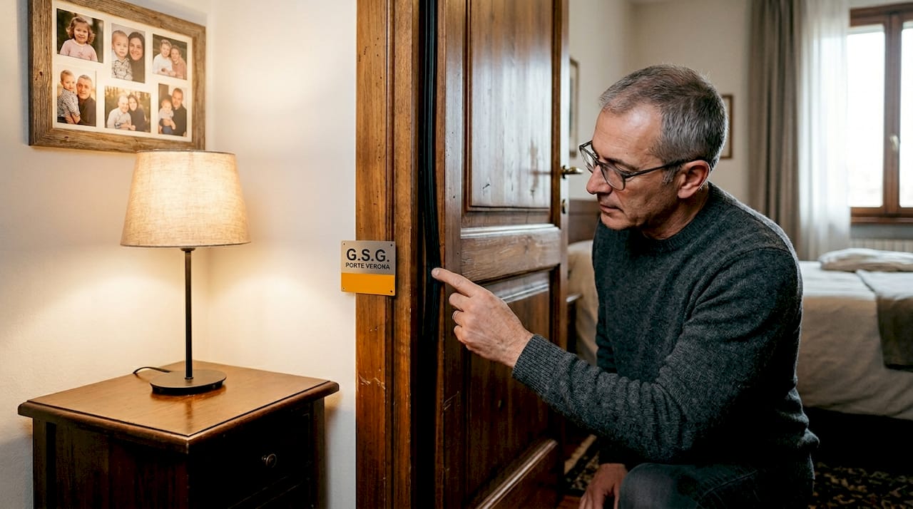 Mani che verificano la guarnizione di una porta in legno