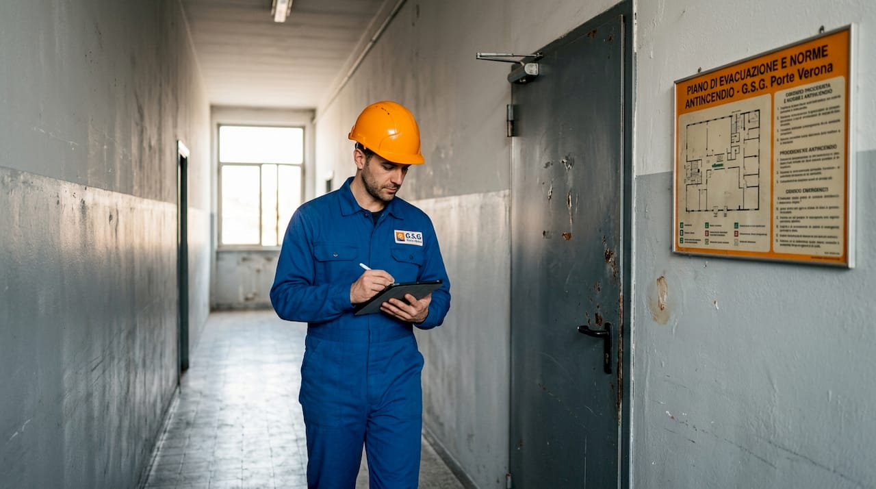 Un tecnico effettua la verifica della porta tagliafuoco all’interno del condominio.