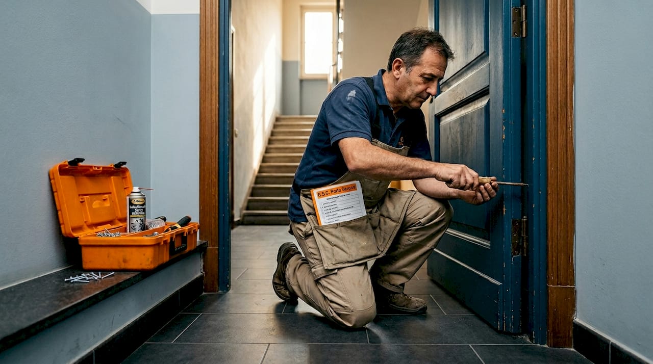 Un tecnico sta effettuando la manutenzione della porta d’ingresso del condominio.