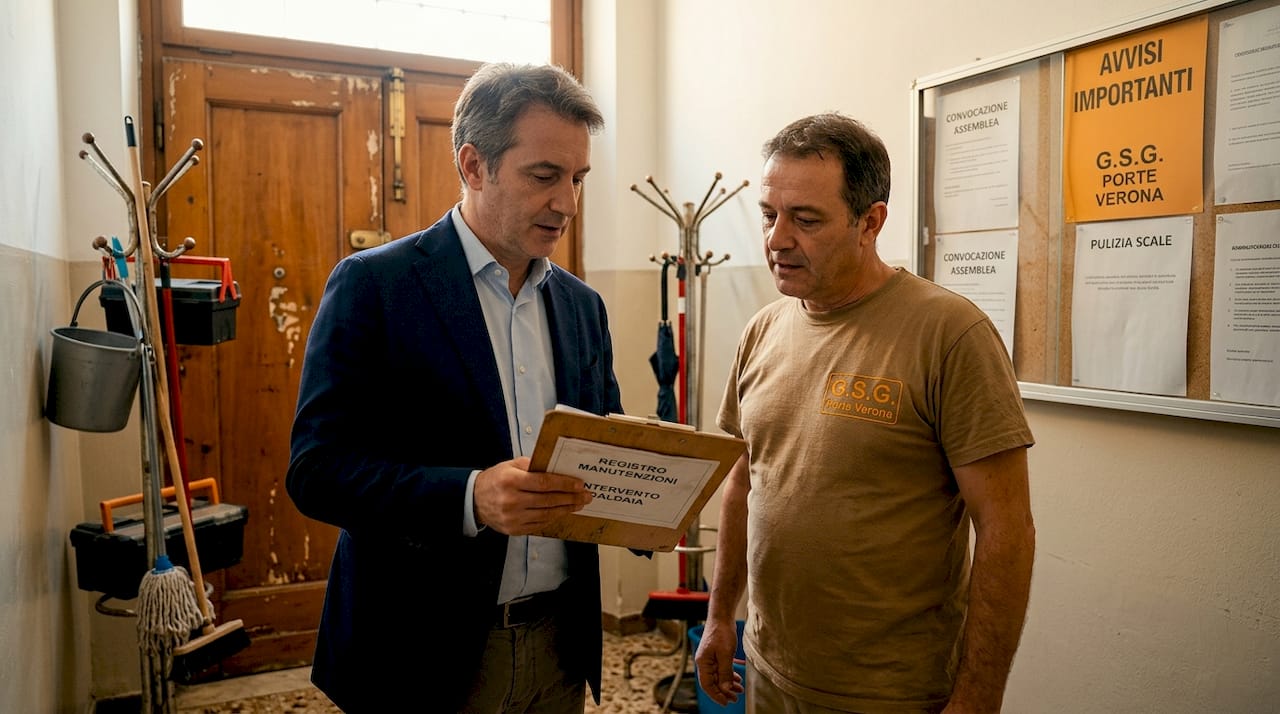 L'amministratore del condominio effettua un controllo alla porta d'ingresso.