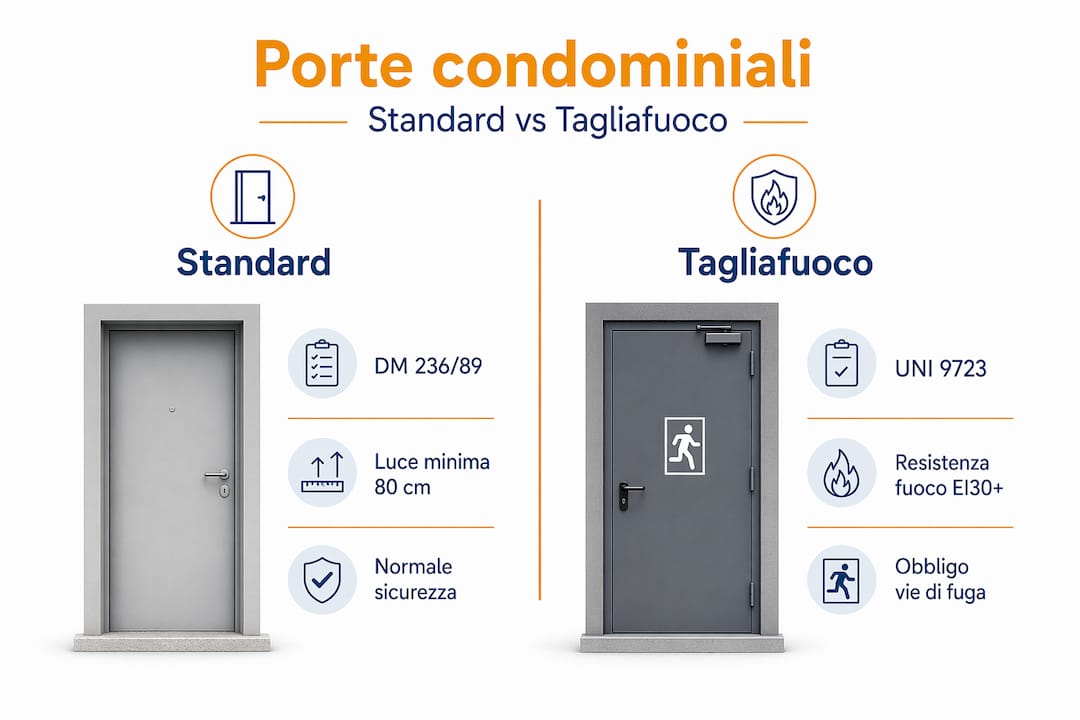 Infografica: confronto tra porte per condomini e porte tagliafuoco