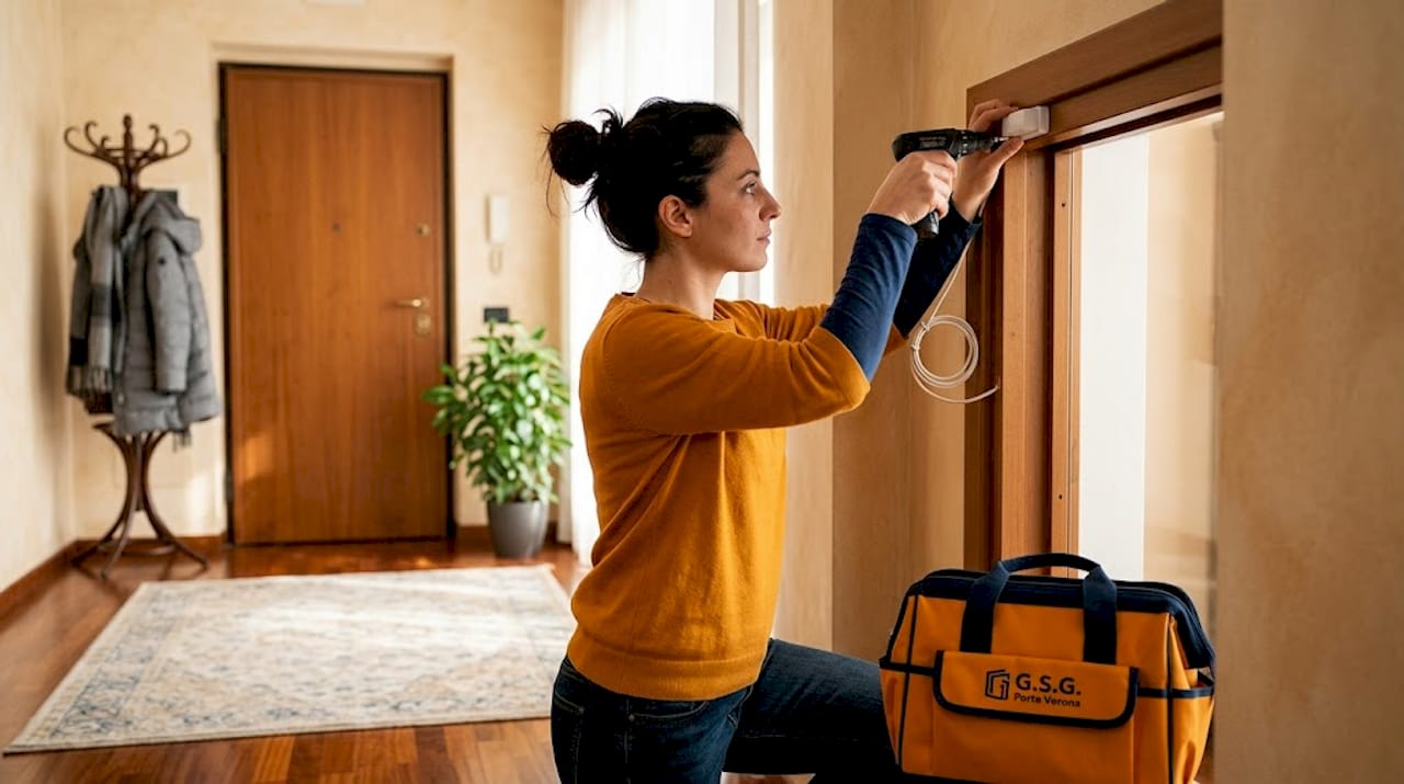 Una donna monta un sensore d’allarme sulla porta di casa