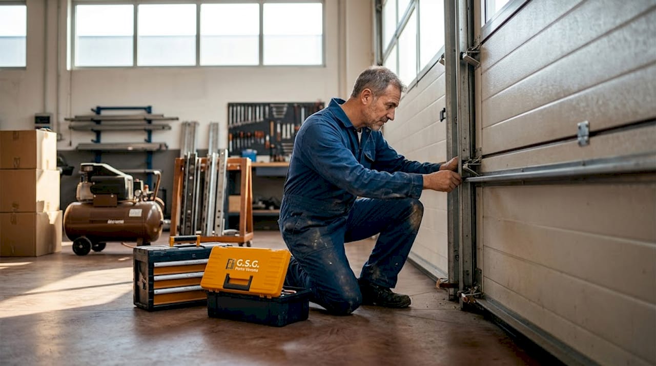 Un tecnico sta effettuando un controllo sulla porta sezionale del garage dell’azienda.