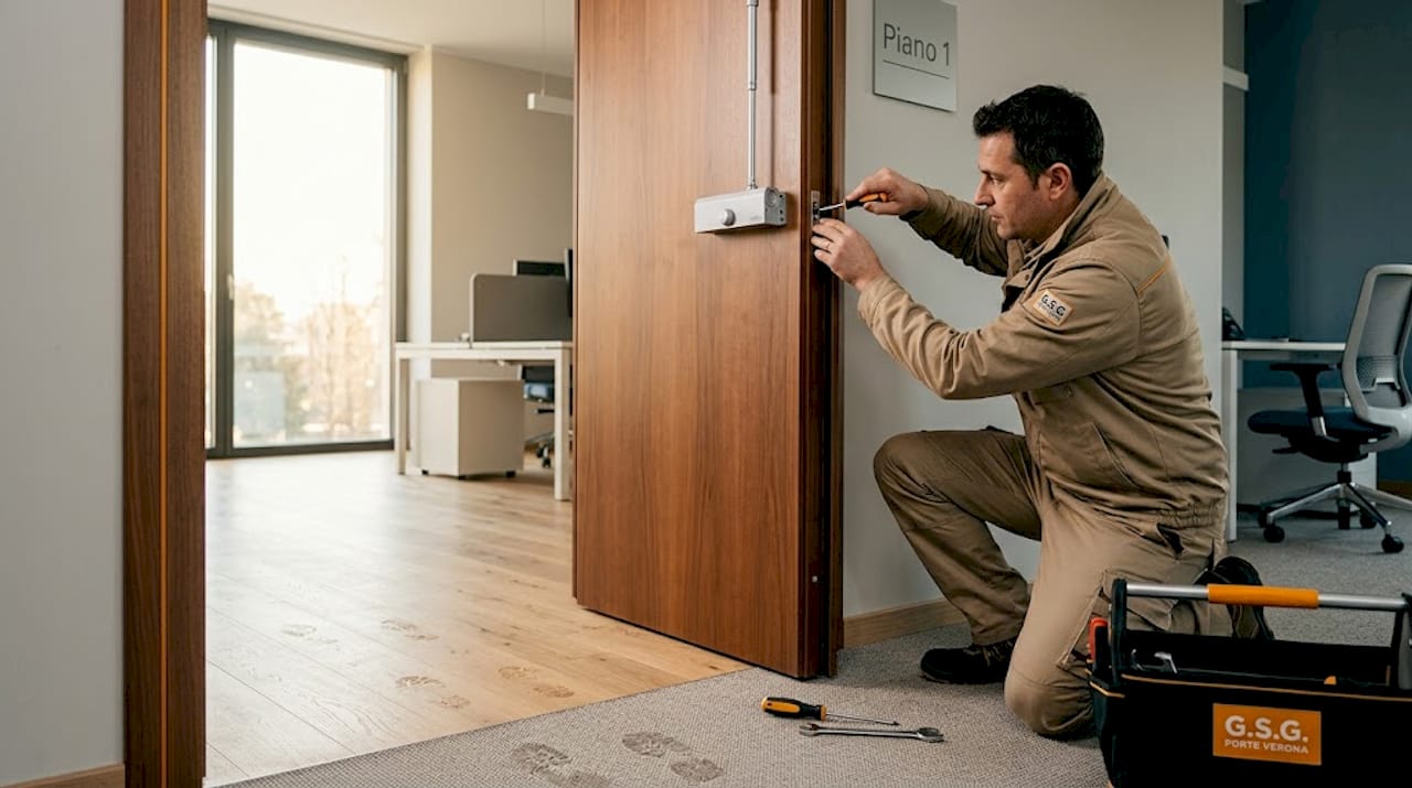 Un tecnico si occupa dell’installazione di un chiudiporta automatico su una porta.