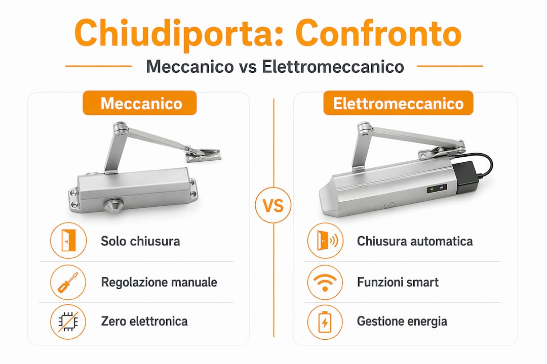 Infografica: differenze e vantaggi tra chiudiporta tradizionali e chiudiporta elettromeccanici