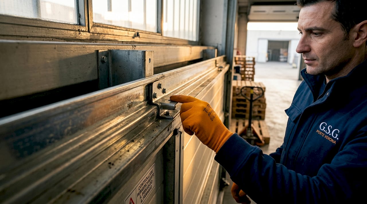 Particolare della guida del portone sezionale con intervento manuale