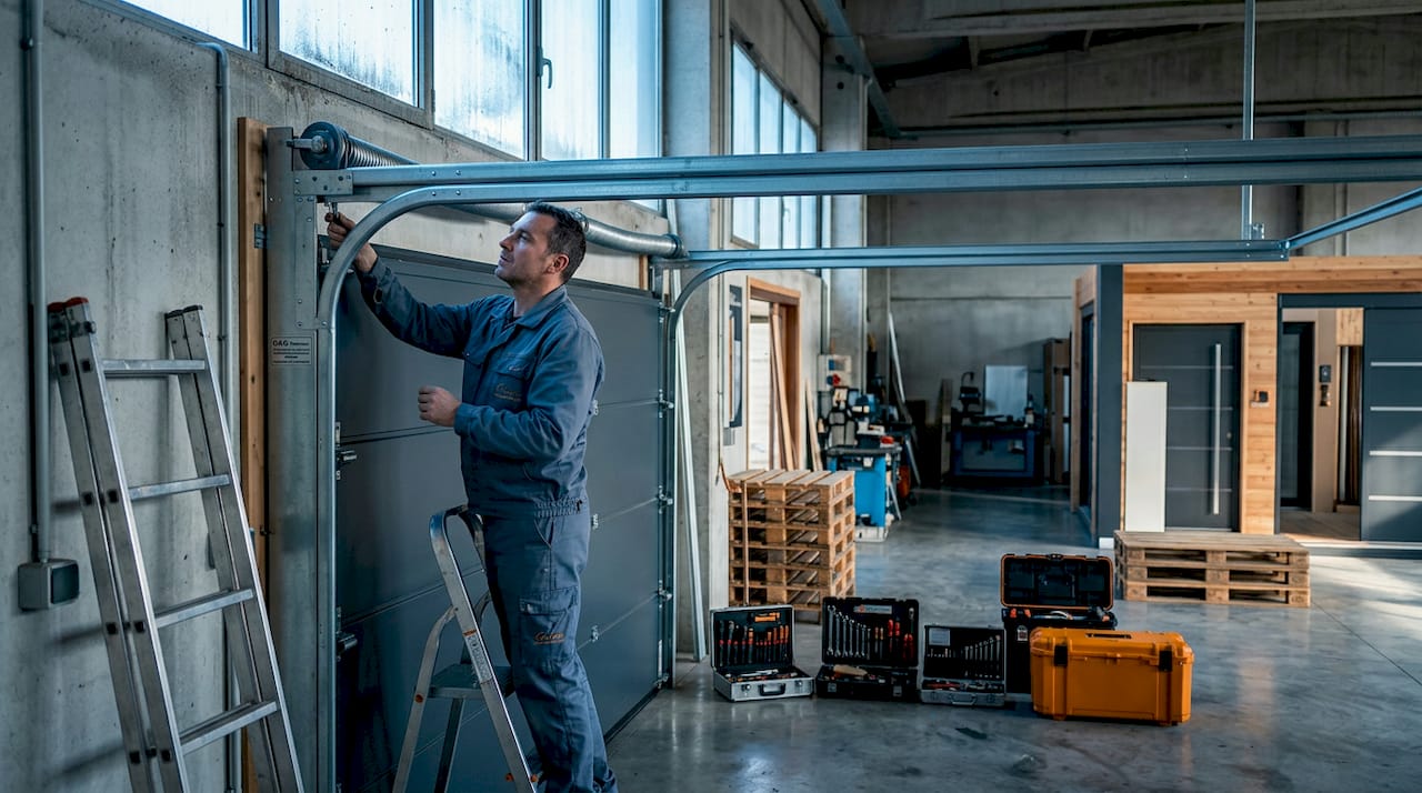 Un tecnico sta montando un portone sezionale all’interno di un capannone industriale.
