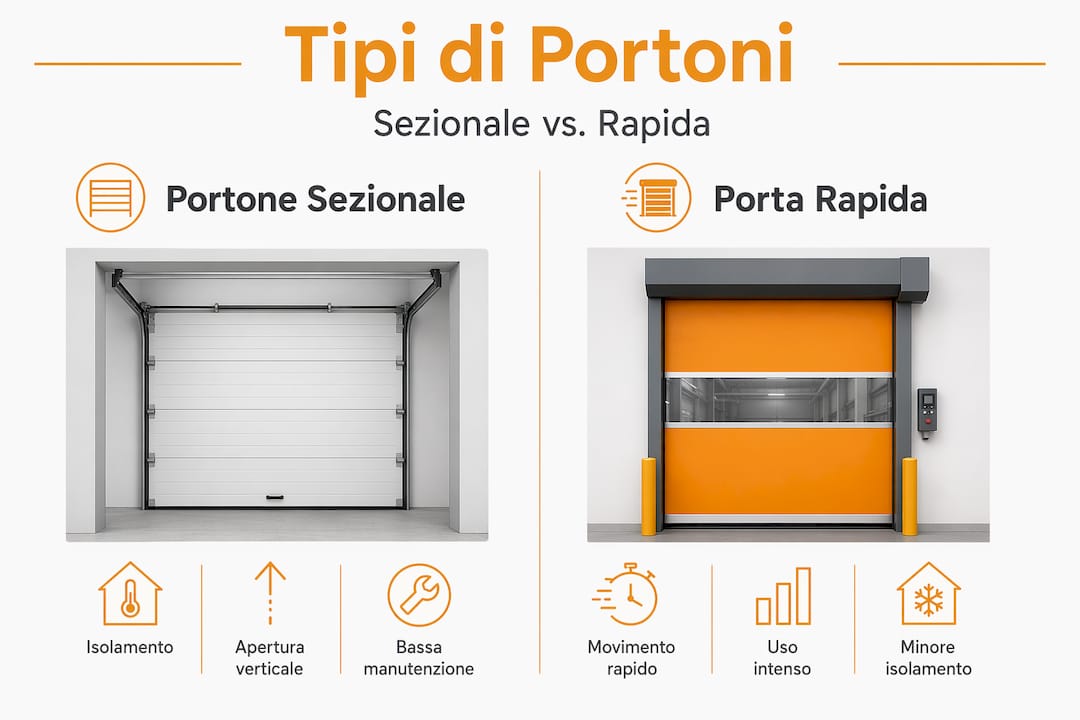 Infografica: confronto pratico tra portone sezionale e porta rapida