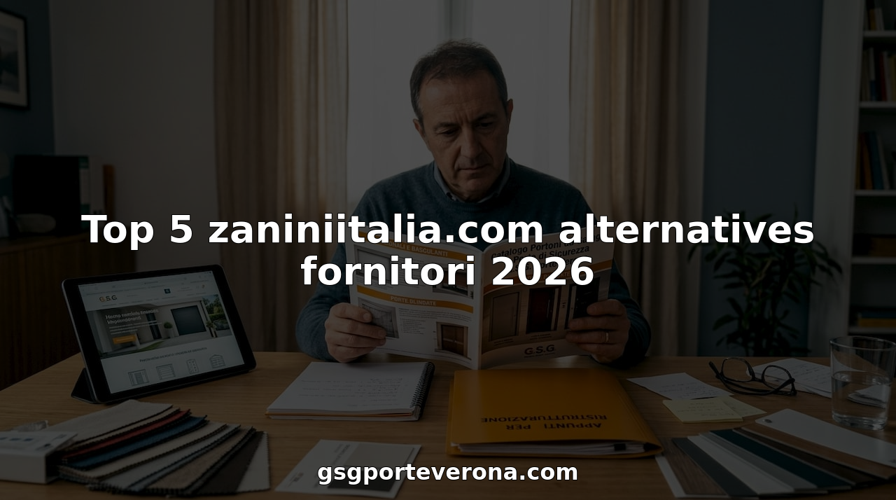 Un uomo seduto alla scrivania di casa consulta il catalogo di un fornitore di porte, valutando le diverse opzioni disponibili.