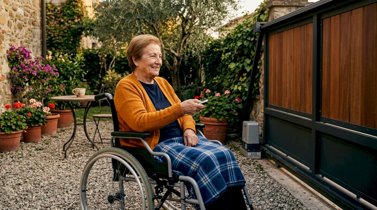 Una signora anziana in sedia a rotelle apre il cancello automatico di casa.