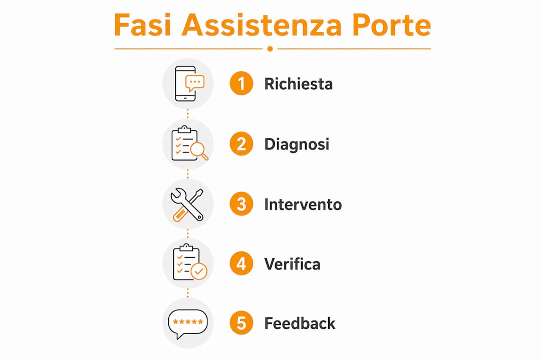 Infografica dedicata alle principali tappe del servizio di assistenza post-vendita per le porte