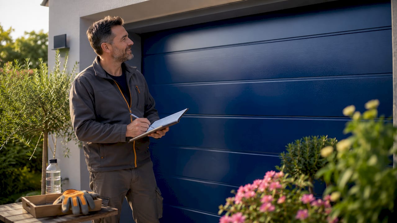 Un uomo controlla il funzionamento di una porta sezionale moderna nel suo garage.