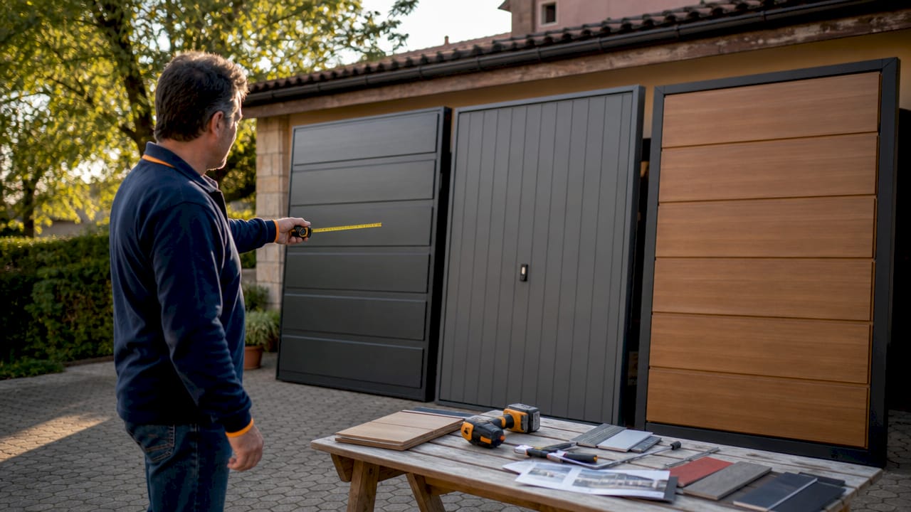 Uomo che valuta diverse tipologie di pannelli per porte da garage all’aperto