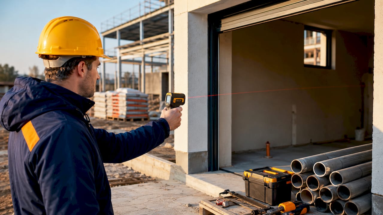 Un tecnico sta eseguendo un rilievo laser all’interno di un garage in fase di cantiere.