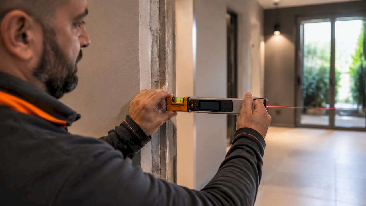 Un tecnico sta rilevando le dimensioni del vano porta utilizzando un metro laser.