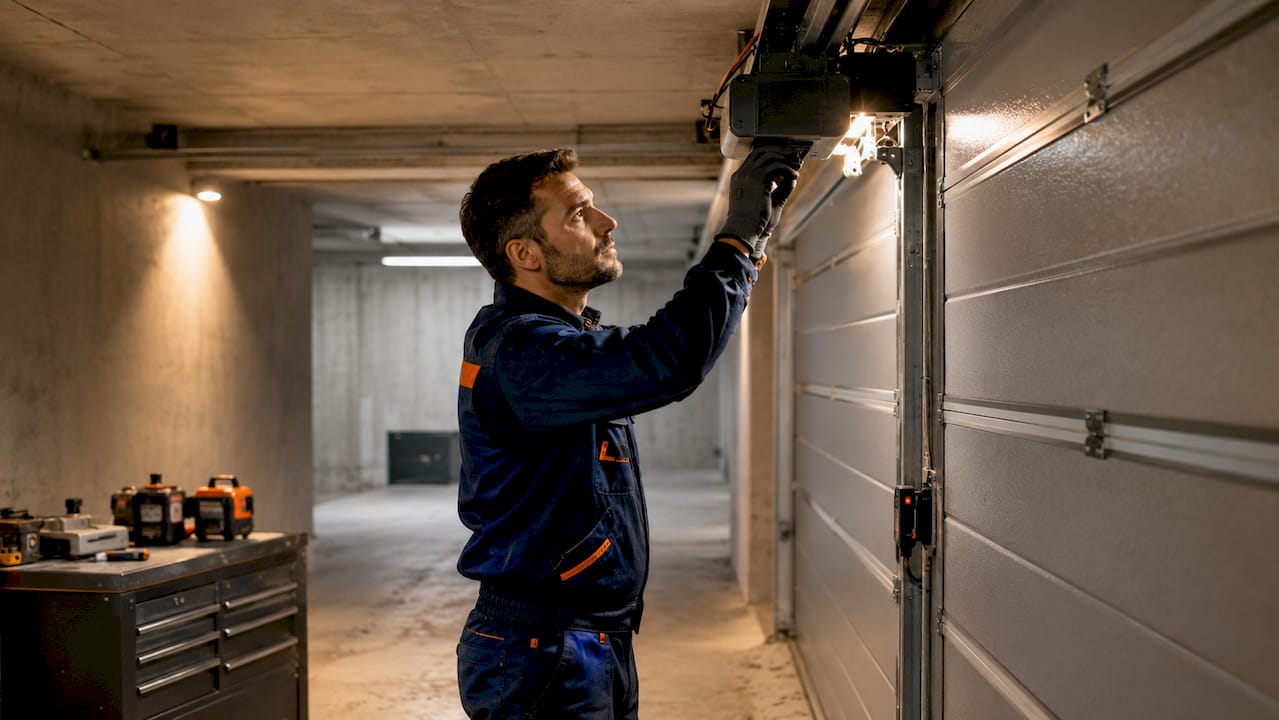 Tecnico al lavoro sulla manutenzione del motore di un portone garage automatizzato