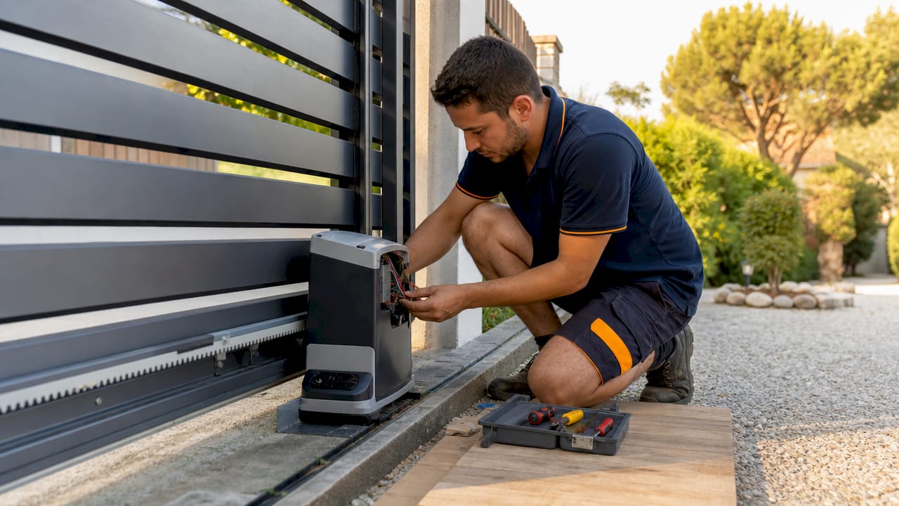 Un tecnico si occupa dell’installazione del sistema di automazione su un cancello esterno.