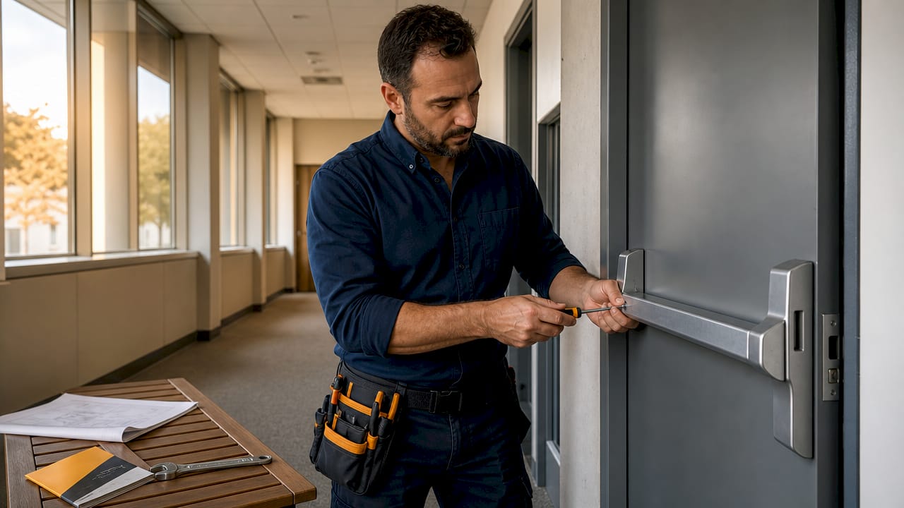 Un tecnico si occupa dell’installazione della barra antipanico sulla porta.