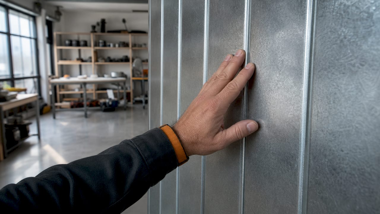 Una mano si posa sulla porta in acciaio zincato.