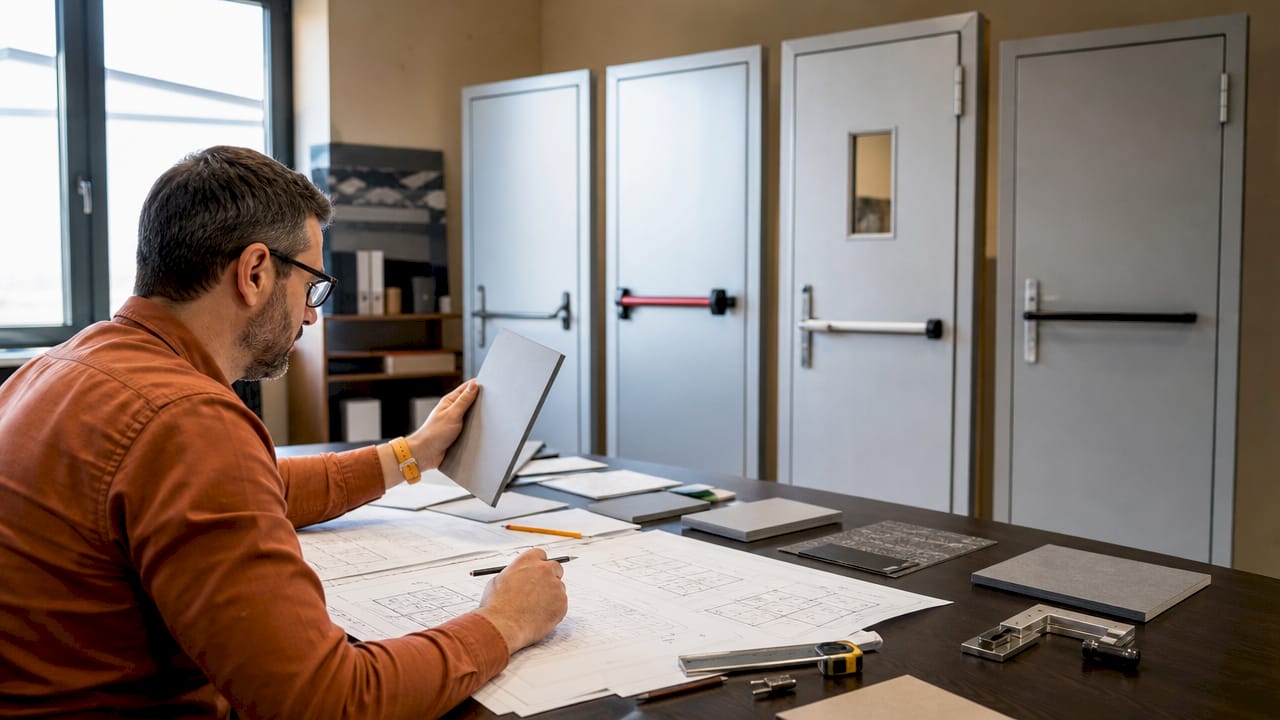 Il responsabile tecnico verifica il corretto funzionamento delle porte antincendio.
