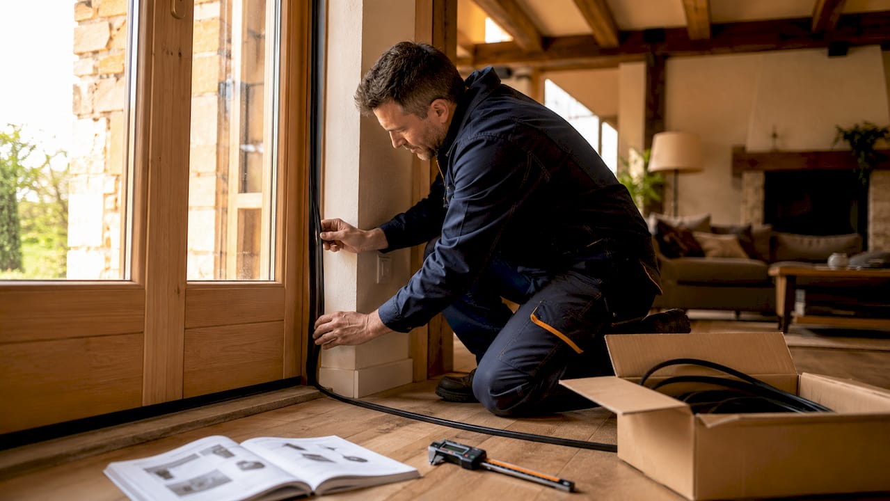 Un tecnico sta installando una guarnizione isolante sulla porta per migliorarne l’efficienza e prevenire dispersioni.