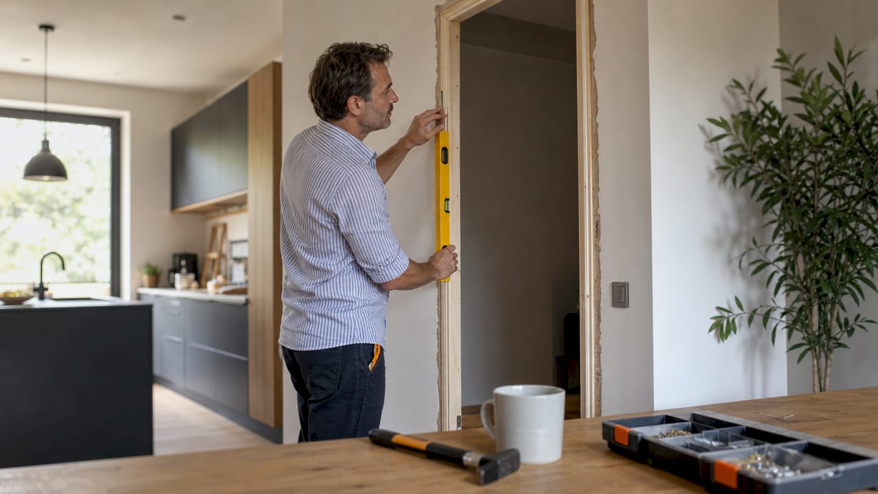 Un uomo prende le misure del nuovo telaio della porta all’interno di casa.