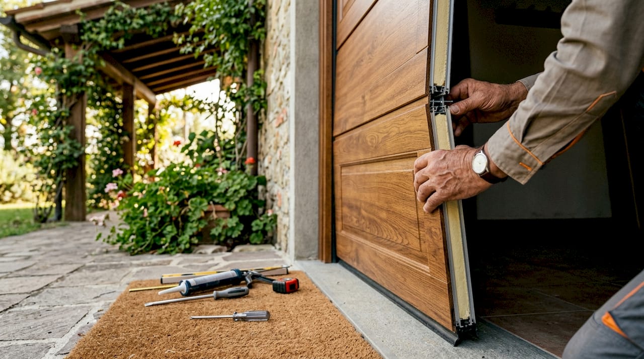 Mani che montano una porta in legno coibentata all’esterno