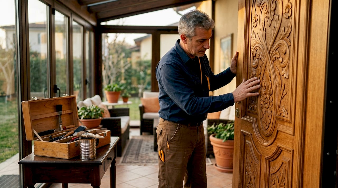 Un artigiano esamina con attenzione la porta in legno pregiato di una villa, curandone ogni dettaglio per garantirne eleganza e perfezione.